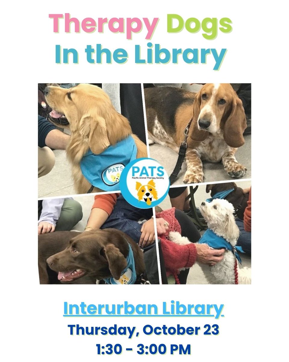 CamosunLibrary's tweet image. 🐾 Therapy Dogs at the Library! 🐶
Need a little midweek stress relief? Stop by the Interurban Library today from 1:30–3:00 PM to meet our friendly therapy dogs! 🐕💕

📍 Interurban Library
🕜 1:30 PM – 3:00 PM
📅 Today!