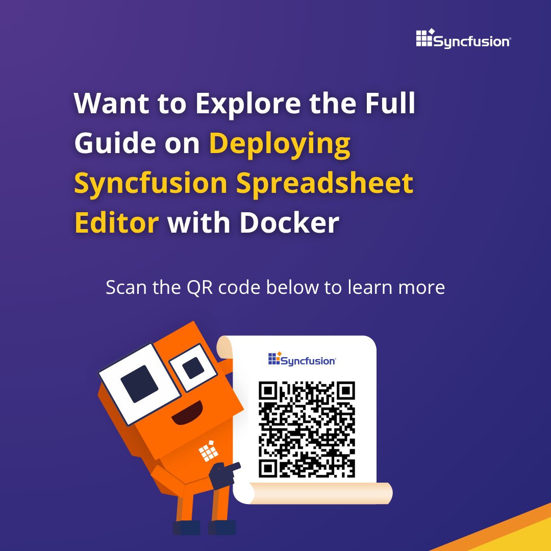 Syncfusion's tweet image. Want to explore the full guide on deploying the Syncfusion Spreadsheet Editor with Docker?
Scan to know more or click the link below 👇
syncfusion.com/blogs/post/spr…
#Syncfusion #DockerDeployment #SpreadsheetServer #WebApps
(8/8)