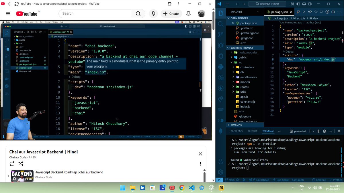 codeXninjaDev's tweet image. Day 7 of #BackendNinjaChallenge🥷by @ChaiCodeHQ @Hiteshdotcom 
Learned to structure a professional backend project from scratch! 📁
Used mkdir & touch to organize folders and files, and installed Nodemon & Prettier as dev deps. Clean setup, no code yet just pure structure! 💻🔥