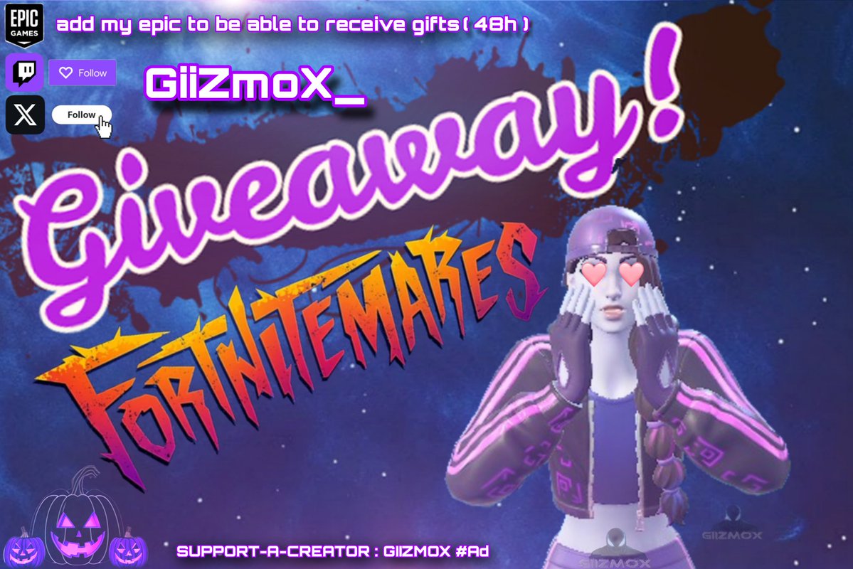 GiiZmoX_'s tweet image. 💀 FORTNITEMARES GIVEAWAY ! 
💀 Win a spooky skin 👻  

🎁 Prize: 1 skin (your choice)
🕒 Ends: [48H]

🔹 How to enter:

💜 Follow me
❤️ Like
🔁 Retweet
✅ Done

Good luck, ghouls and ghosts! 🌙

SAC : GIIZMOX 

#Fortnitemares #FortniteGiveaway #Giveaway #Ad