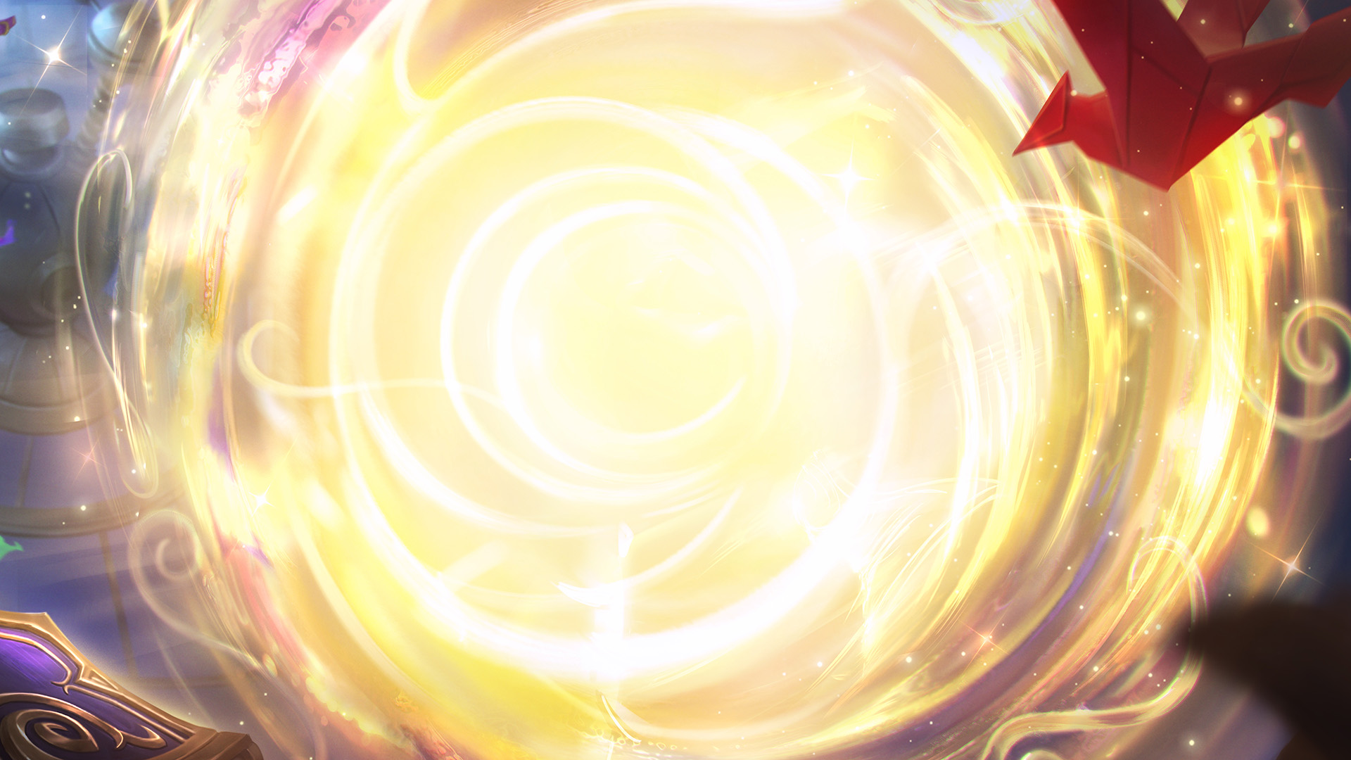 A portal spins wildly, ready to transport anything. On the edges we can see an origami crane getting sucked in.