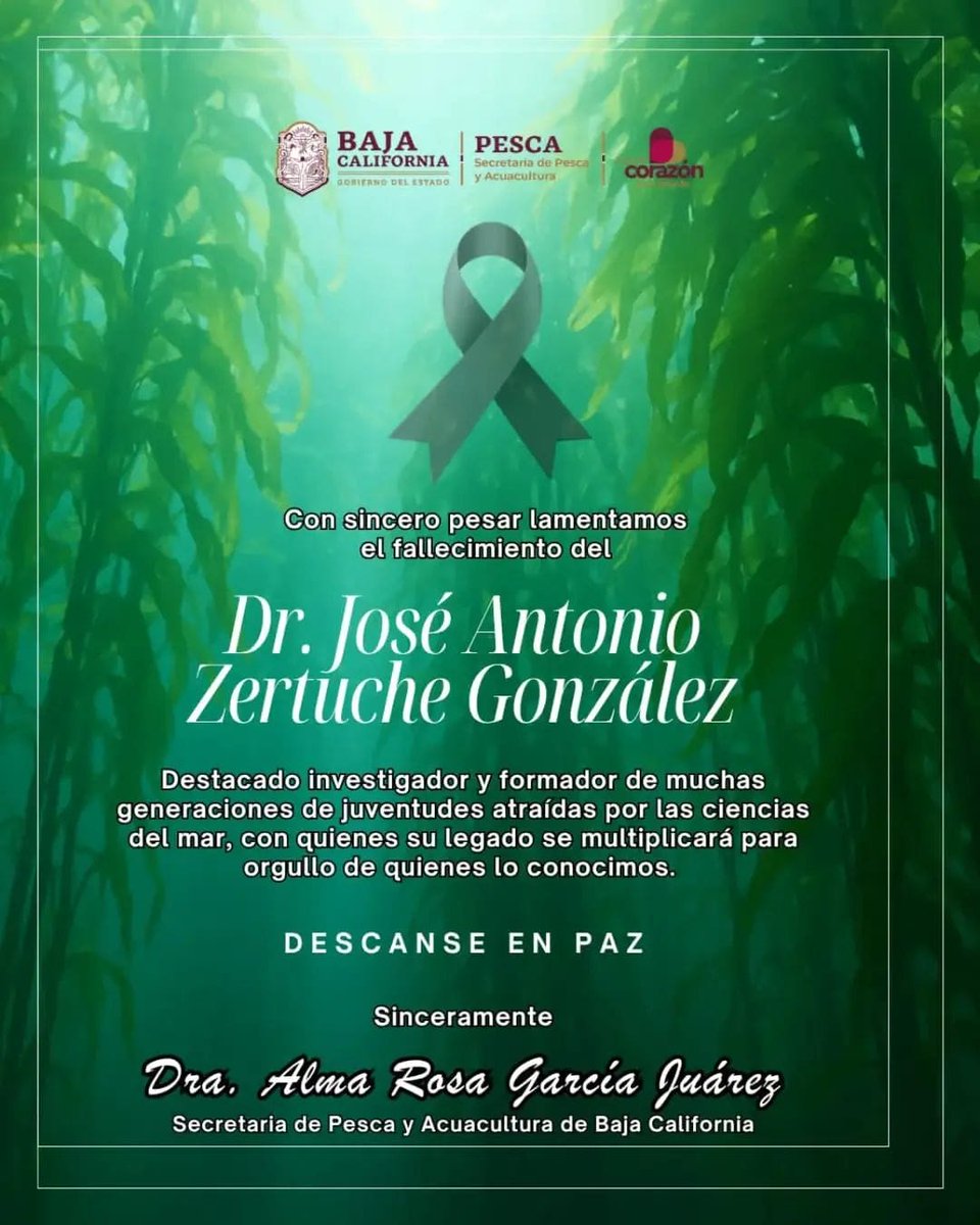 Quienes colaboramos en la SEPESCA BC, a cargo de la Dra. Alma Rosa García Juárez, nos solidarizamos con familiares y amigos del Dr. José Antonio Zertuche González, quien deja un gran legado académico y científico en nuestra comunidad.

Descanse en Paz.