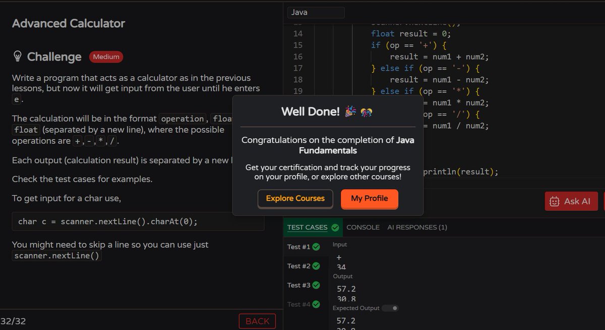 MoniTechCodes's tweet image. Day 79/100
☕ Completed the final Java challenges — officially done with Java Fundamentals 🎯
🌥️ Fine-tuned the Moving Clouds animation project — smoother transitions & balanced motion.
#Java #FrontendDev #CodingJourney #100DaysOfCode