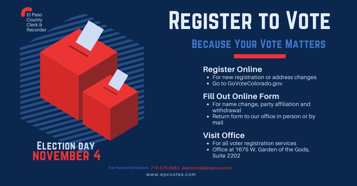 Did you know in Colorado you can register to vote through Election Day? BUT if you want to receive your ballot by mail for this Coordinated Election, you must register to vote by Monday, October 27. Just head to GoVoteColorado.gov 📬🗳️