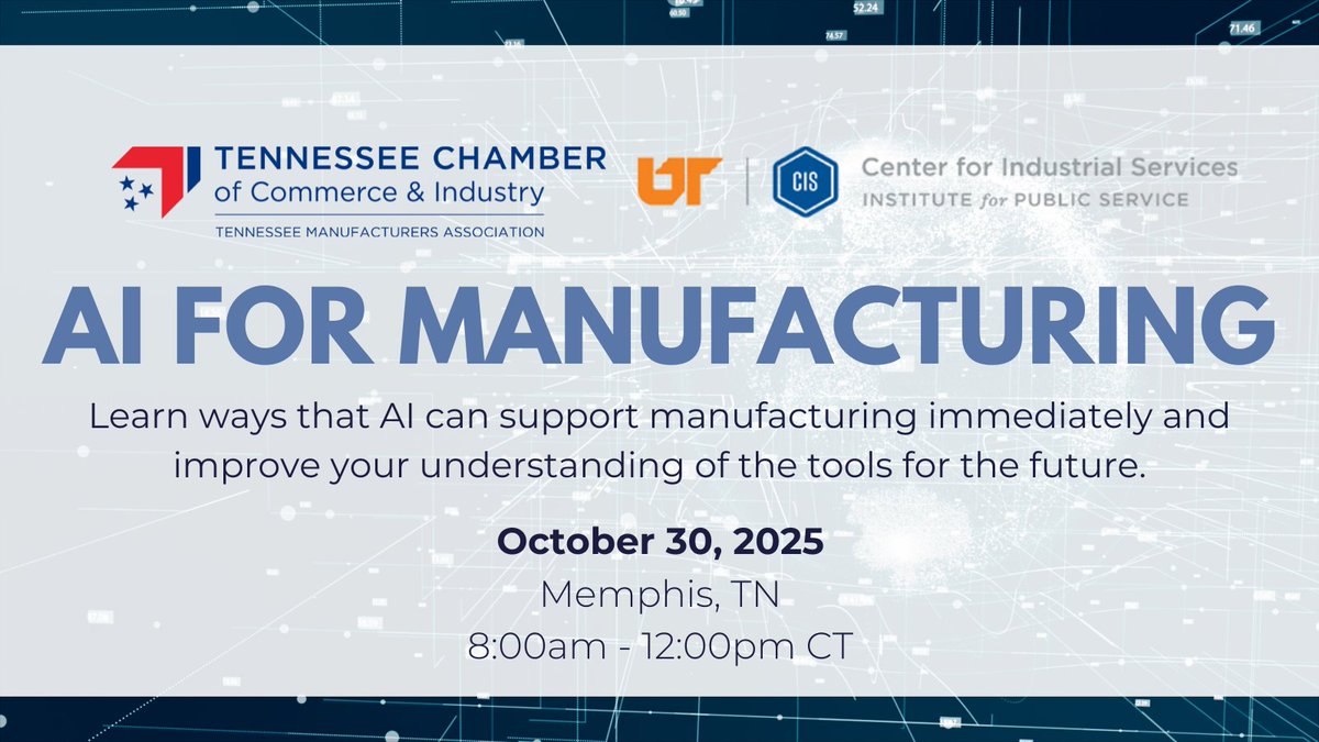 Memphis manufacturers — join us October 30 for an AI for Manufacturing workshop! Discover how artificial intelligence can streamline operations and prepare your business for the future of industry.
📍 <a href="/BartlettChamber/">Bartlett Chamber</a> | 8:00 AM – 12:00 PM CT
tnchamber.chambermaster.com/events/details…
