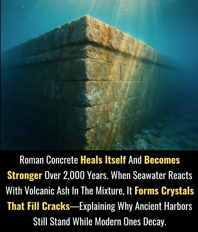 Two thousand years ago, Roman engineers discovered a secret that modern science is only beginning to understand: a concrete that gets stronger with time.

Their legendary “marine concrete” was made by mixing volcanic ash, lime, and seawater — a combination that allowed structures