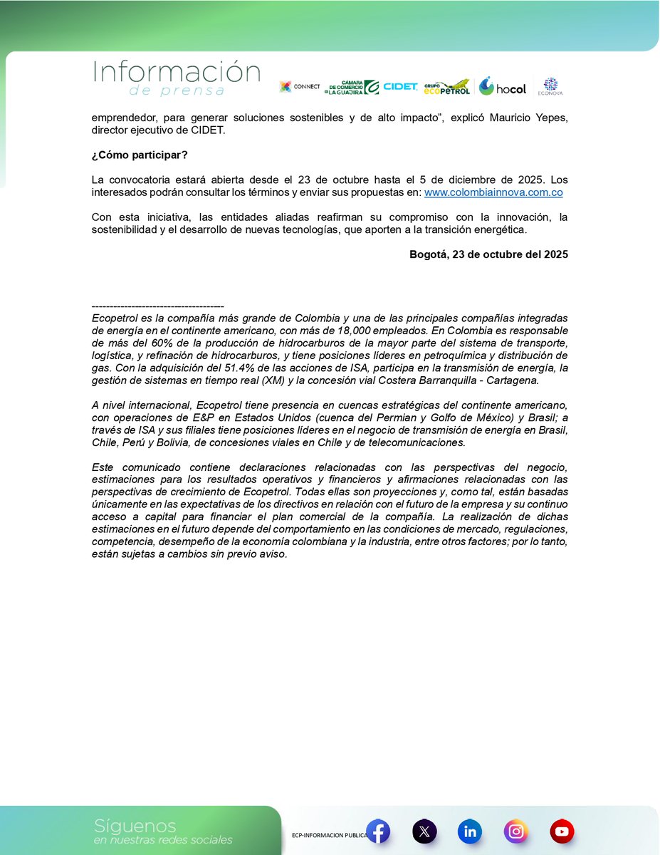 #BuenasNoticias

#ComunicadoDePrensa | #Ecopetrol abre convocatoria de innovación para proyectos que impulsen la sostenibilidad.

#ElCorazónQueImpulsa

Lee más de la noticia aquí 👇