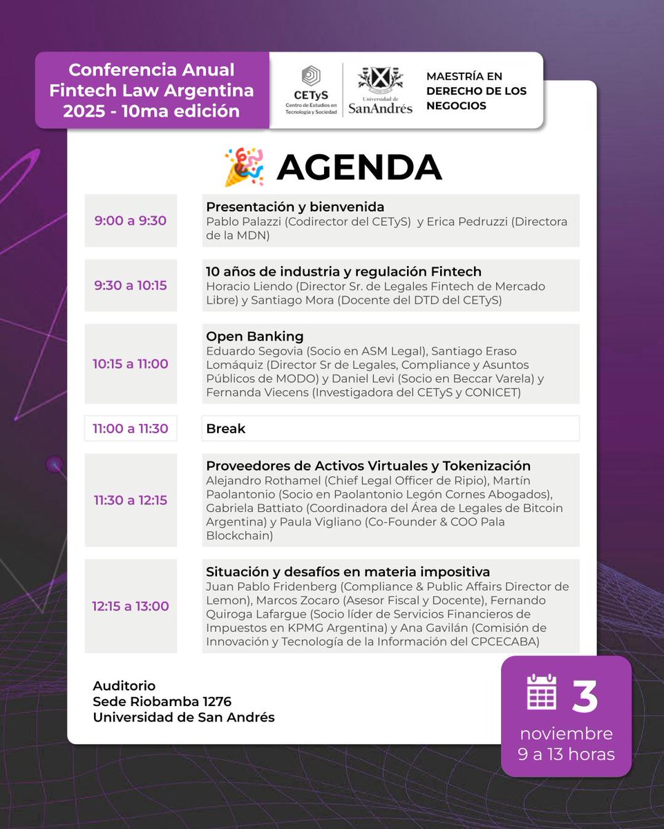 cetysedu's tweet photo. 🎙Compartimos el 🔥LINE UP✨ con el que celebraremos los 🎉10 años de la Conferencia FINTECH LAW Argentina💰⚖️📱🌍
📅Lunes 3 de noviembre
🕘9 a 13 hs
✏️Evento abierto y gratuito con inscripción previa
🔗https://t.co/fxYA6PDSbT
#fintech #regulación #openbanking #activosvirtuales https://t.co/GOBjLOLkrY