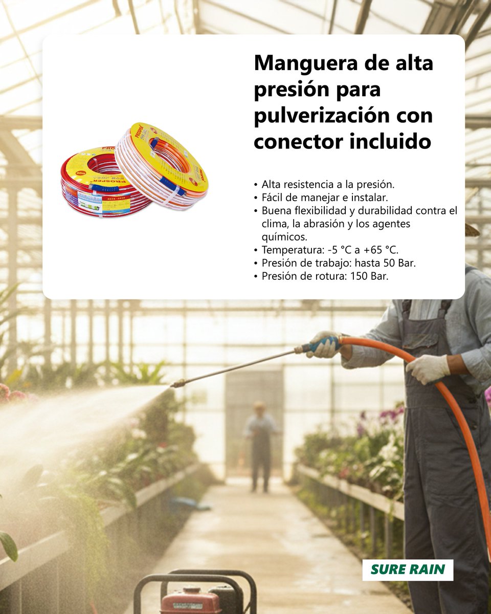 SureRain's tweet image. 💪 Resistencia y rendimiento en cada trabajo.
Presentamos las mangueras Prosper, diseñadas para diferentes aplicaciones:

🔹 Manguera de Succión: ideal para extracción de fluidos bajo presión negativa, flexible y duradera.
🔹 Manguera de Alta Presión para Pulverización
