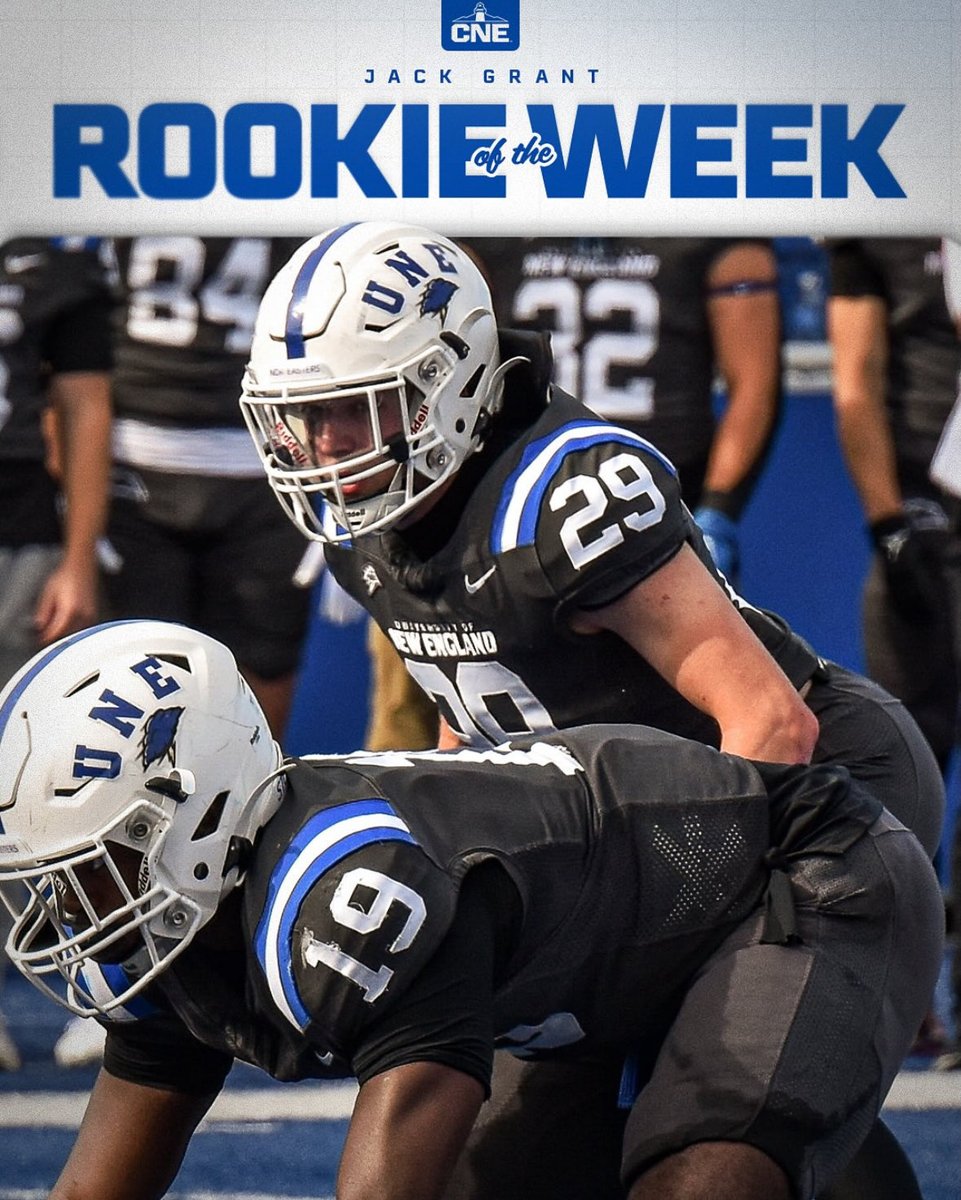 Congrats to <a href="/Jack_g426/">Jack Grant</a> for being named <a href="/CNE_Sports/">Conference of New England</a> football Rookie of the Week!  Not many more prepared than him to be competing at a high level as a freshman. Keep getting after it Jack!  🗡⚡️