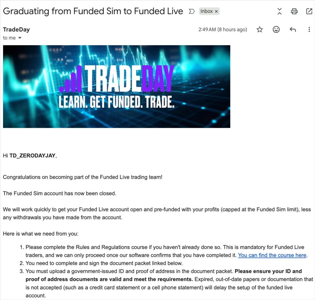 zerodayjay's tweet image. Just graduated from SiMfLuEnCeR to Live Trader #tradeday #propfirms #daytrader #futurestrading $GC $NQ