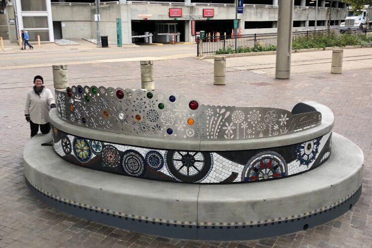 prusconstruct's tweet image. #TBT to the Tiara Bench at Yeatman’s Cove—part of the CROWN trail! 👑 Shoutout to Matt Kroell from Prus for helping bring this public art to life with solid craftsmanship. Walk by the Taylor-Southgate Bridge to check it out. #CROWNTrail #Cincinnati #PublicArt