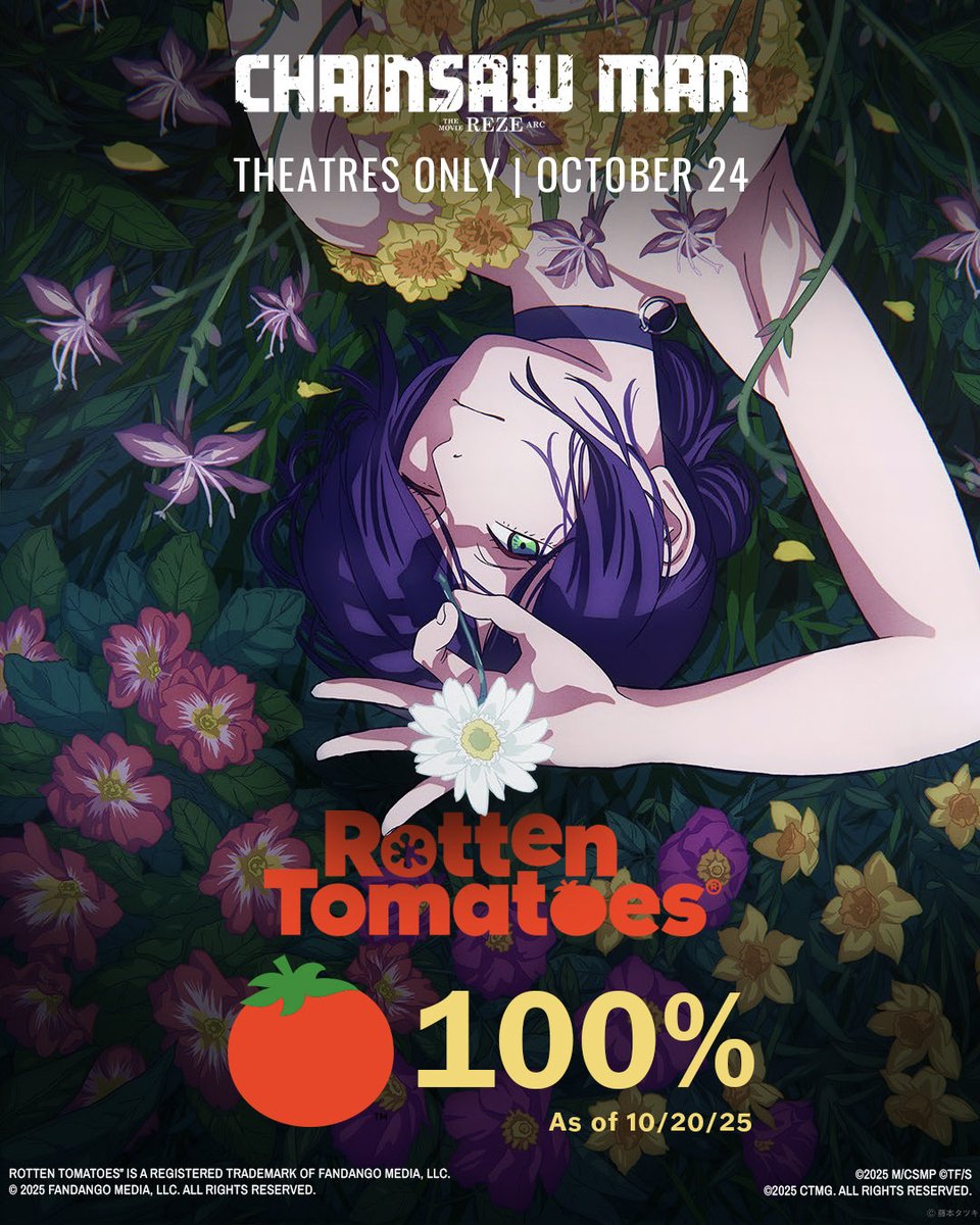 Revved up to 💯.

Chainsaw Man - The Movie: Reze Arc is now 100% on Rotten Tomatoes, and now playing exclusively in theaters, in Premium Formats and IMAX. Get tickets now! #ChainsawManMovie