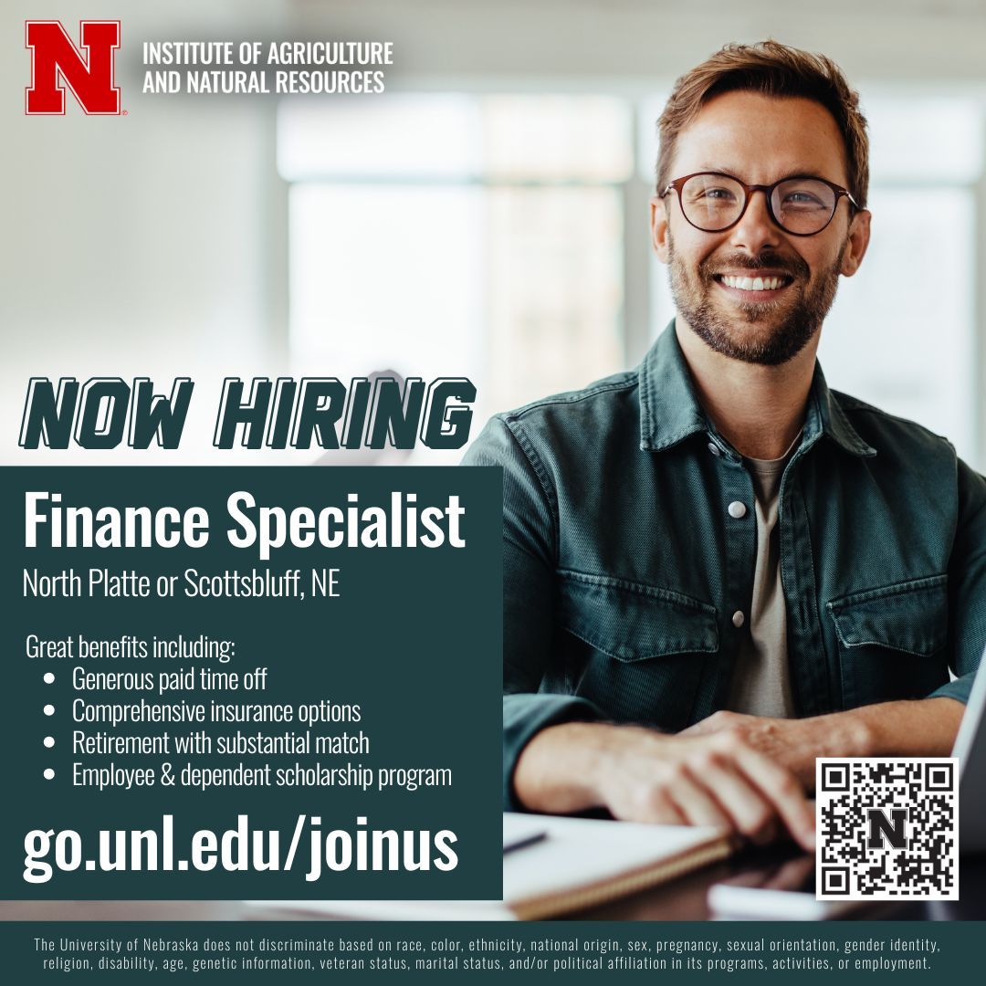 wcreec's tweet image. Join our team! 💼 
We’re hiring a Finance Specialist in North Platte or Scottsbluff, NE. Enjoy great benefits, career growth, and the chance to make an impact across Nebraska. Apply today at go.unl.edu/joinus 📲