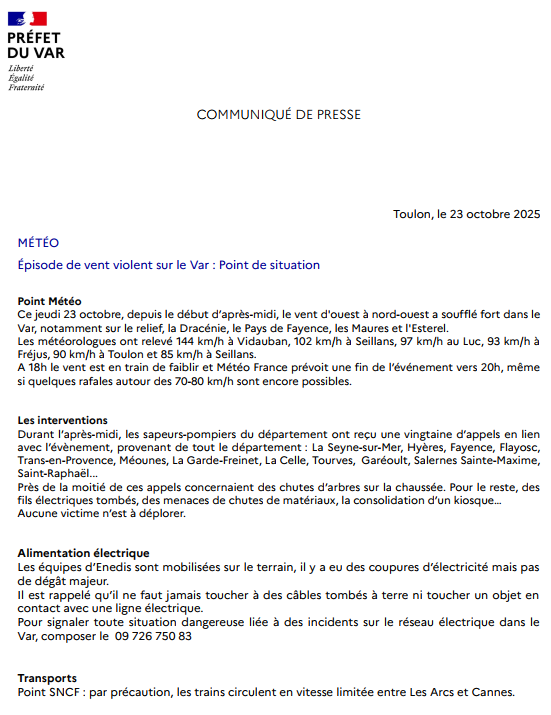 #METEO83 | Ce jeudi 23 octobre, à 18h Point de situation sur l'épisode de vent dans le #Var ⤵️
🏆Le record du jour : 144 km/h, relevé par <a href="/MeteoFrance_SE/">Météo-France Sud-Est</a>   à Vidauban.
➡️Le vent faiblit ce soir, même si des rafales jusqu'à 80 km/h sont encore possibles. La prudence reste de mise.