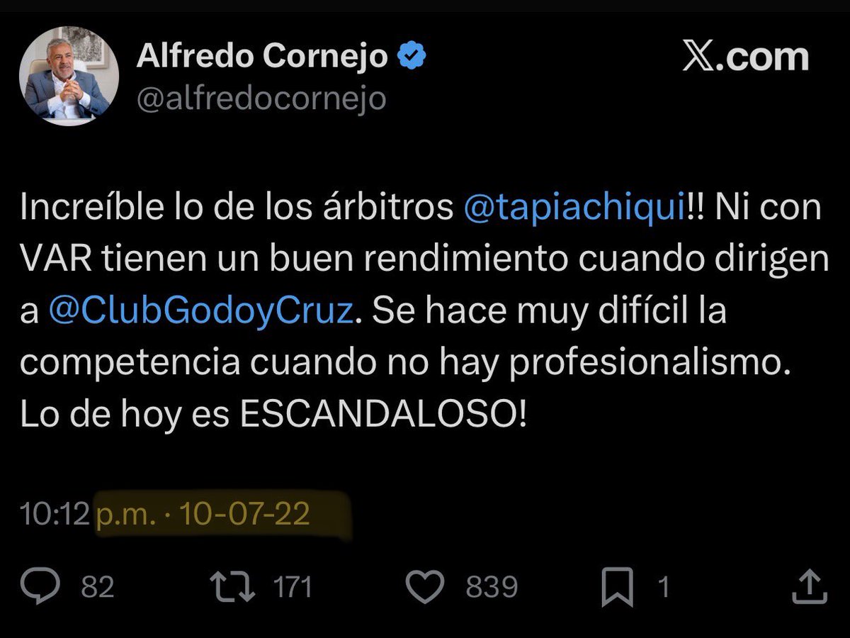 Estimado <a href="/alfredocornejo/">Alfredo Cornejo</a>: ¿en calidad de qué opina? Porque como Gobernador de Mendoza debería estar feliz porque su provincia posee ahora 3 CLUBES (NO pymes) en la máxima categoría del Fútbol Argentino, aunque al recientemente ascendido no lo haya felicitado. Entiendo entonces