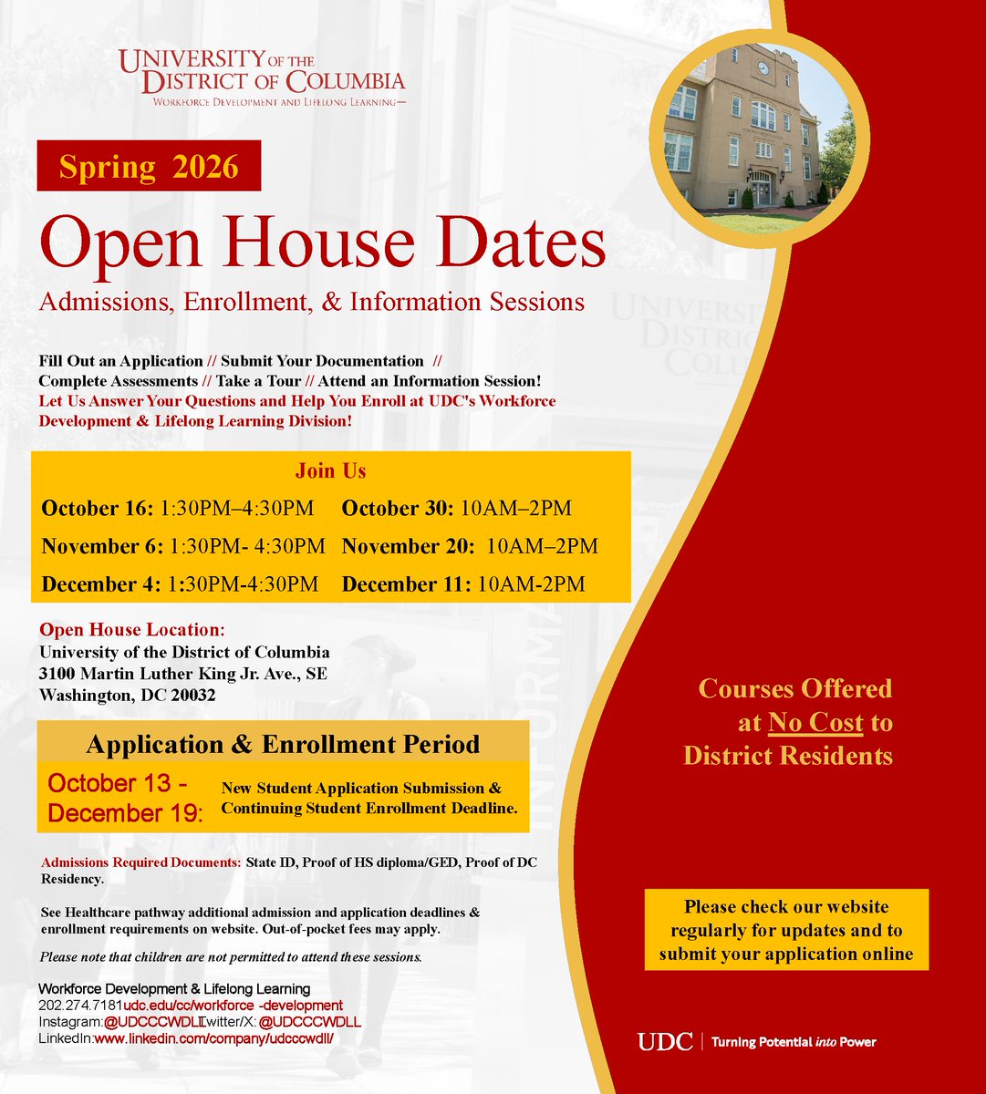 udc_edu's tweet image. Join #UDC’s Workforce Development & Lifelong Learning Division for our Spring 2026 Open House — explore free career training programs for DC residents! 
🗓 Oct .16–Dec. 11 | Apply by Dec. 19 
📍 3100 MLK Jr. Ave SE, DC 
#UDC #WorkforceDevelopment #TurningPotentialIntoPower