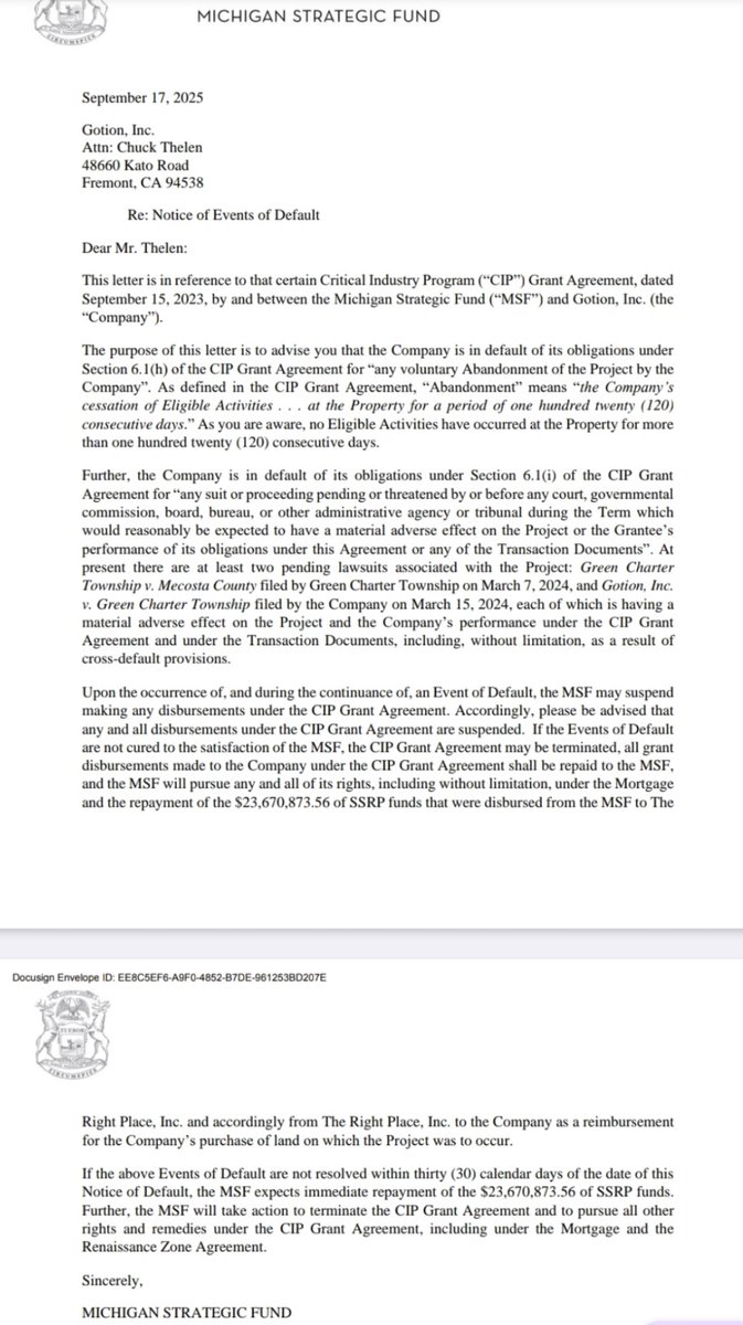 Last month the <a href="/MEDC/">Michigan Economic Development Corporation</a> found CCP-tied <a href="/Gotion48660/">Gotion Inc.</a> in default in their corrupted “deal” championed by <a href="/GovWhitmer/">Governor Gretchen Whitmer</a> and <a href="/QuentinMesserJr/">Quentin L. Messer Jr, CEcD</a>.  (Letter below)

<a href="/MCESRG/">Michigan-China Economic and Security Review Group</a> statement:

“What did Governor Gretchen Whitmer and the MEDC expect when they collaborated  in a “deal” with a company