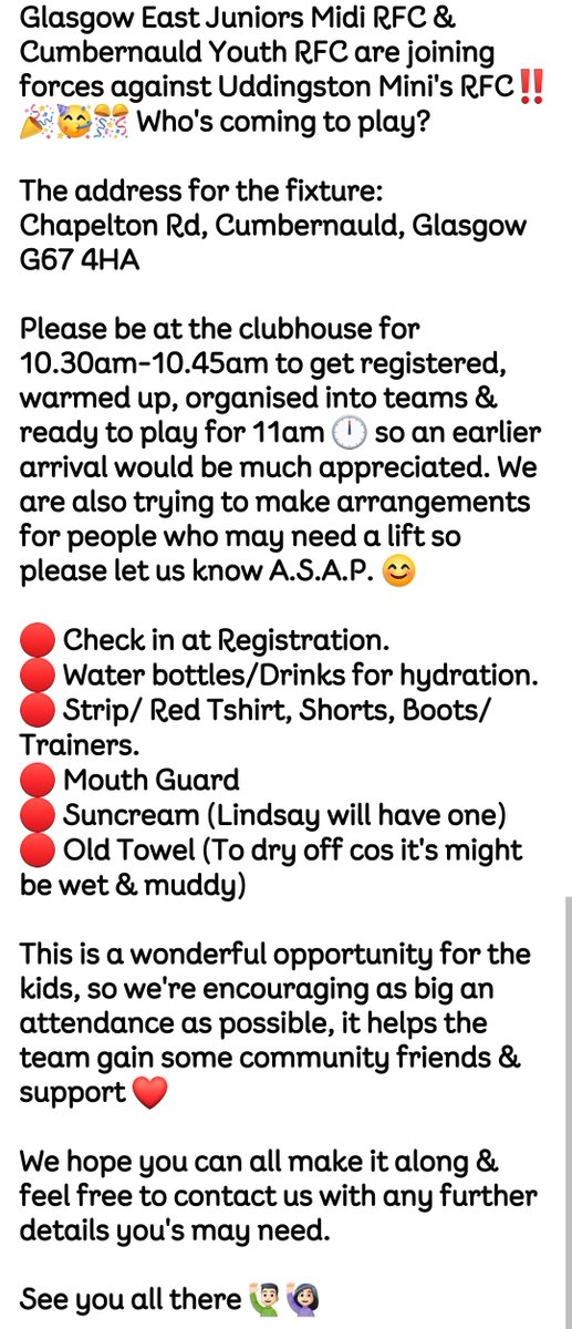 GEJRFC2019's tweet photo. ‼️Upcoming Fixture Info‼️

Glasgow East Juniors RFC &amp; Cumbernauld Youth RFC vs. Uddingston Mini's RFC‼️ Who's coming to play? 
26/10/2025
Chapelton Rd, Cumbernauld, 
Glasgow 
G67 4HA
10.45am arrival
11am Kick Off https://t.co/nSmhO7ON0r