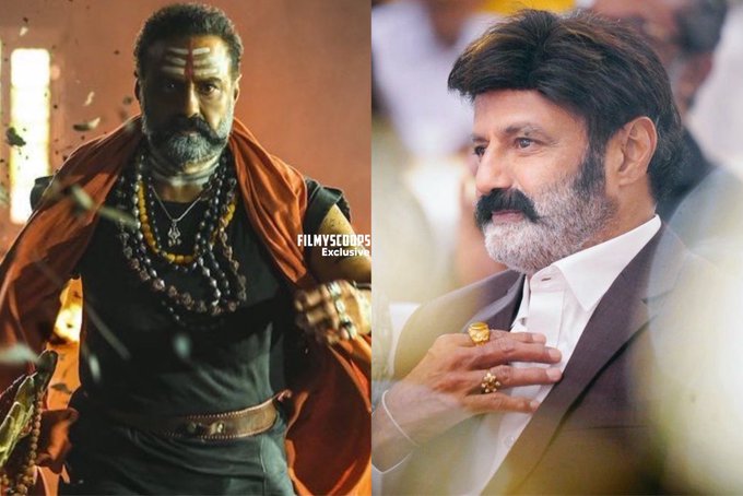 Left side shows Nandamuri Balakrishna as a character wearing an orange upper garment over a black t-shirt, beads necklace, wristbands, belt, and holding a weapon, with a red background. Right side depicts Nandamuri Balakrishna in a white shirt and suit jacket, sitting with a ring on his finger, against a blurred background. Filmyscoops watermark appears on both images.
