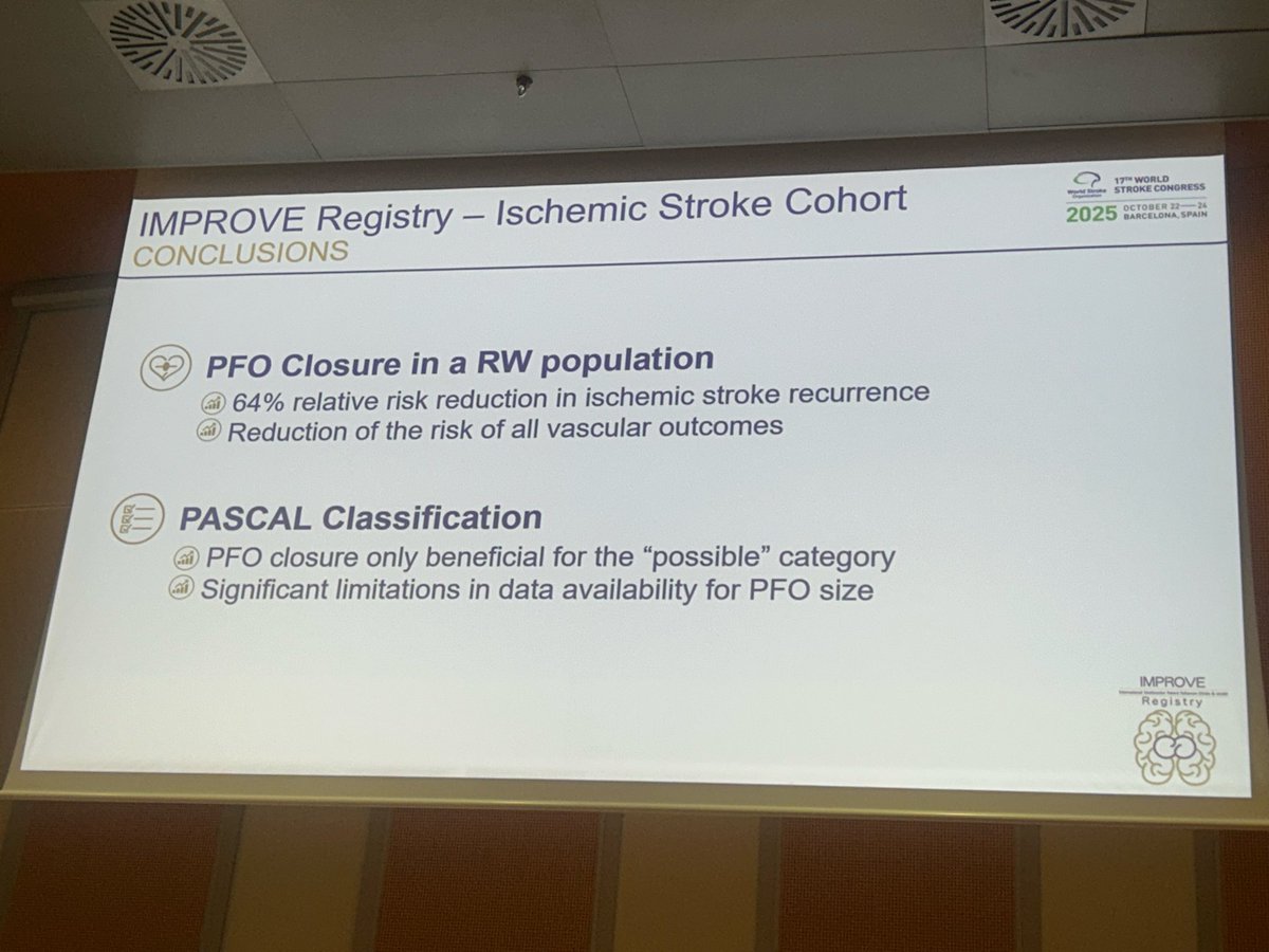 WorldStrokeEd's tweet image. #WSC2025

#IMPROVE PFO🫀

🌎 Real world data
✂️ PFO closure &amp;lt;64% AIS recurrence 
🔴 only PASCAL possible showed benefit (limitation : missing data)