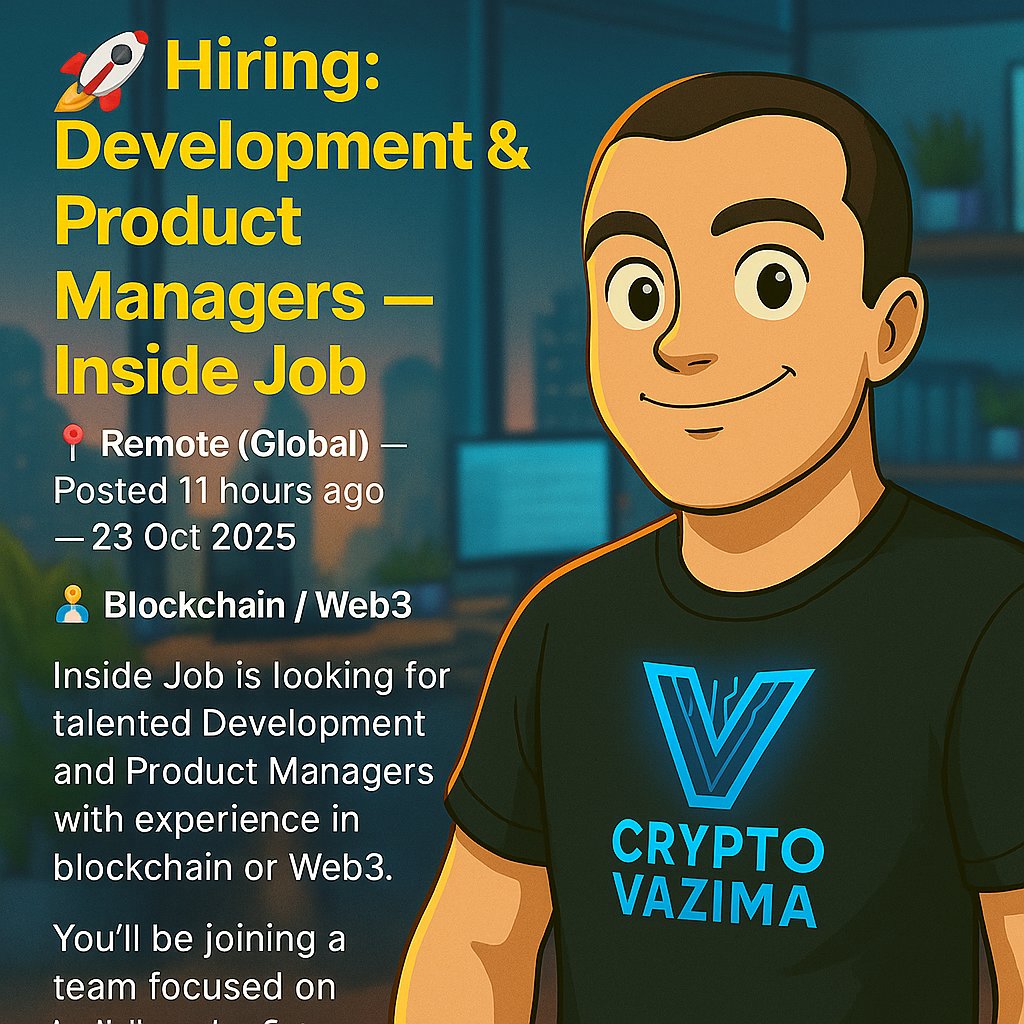 crypto_vazima's tweet image. 🚀 Hiring: Development & Product Managers — Inside Job
📍 Remote (Global) | 💼 Full-time | 🧑💻 Blockchain / Web3
Inside Job is seeking skilled Development and Product Managers to join their Web3 team. You’ll help build decentralized tech and manage blockchain projects.
Typical…