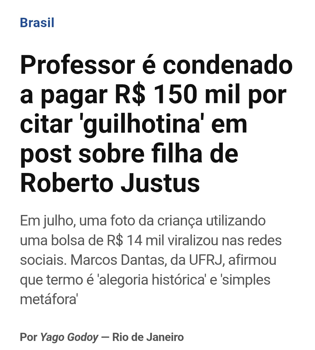 DanPimpao's tweet image. Segundo o Jornal "O Globo", o professor que comentou "só guilhotina" após viralizar uma foto da filha de Justus com uma bolsa de 14 mil, foi condenado e terá que pagar 150 mil reais de indenização.