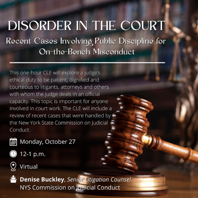 AlbanyCountyBar's tweet photo. Elevate your practice with our CLE: “Disorder in the Court: Recent Cases Involving Public Discipline for On-the-Bench Misconduct.” Join Denise Buckley of the NYS Commission on Judicial Conduct to explore real cases to earn Ethics &amp; Professionalism credit.

https://t.co/fF7ktPKWxI https://t.co/ZAfnePzcC8