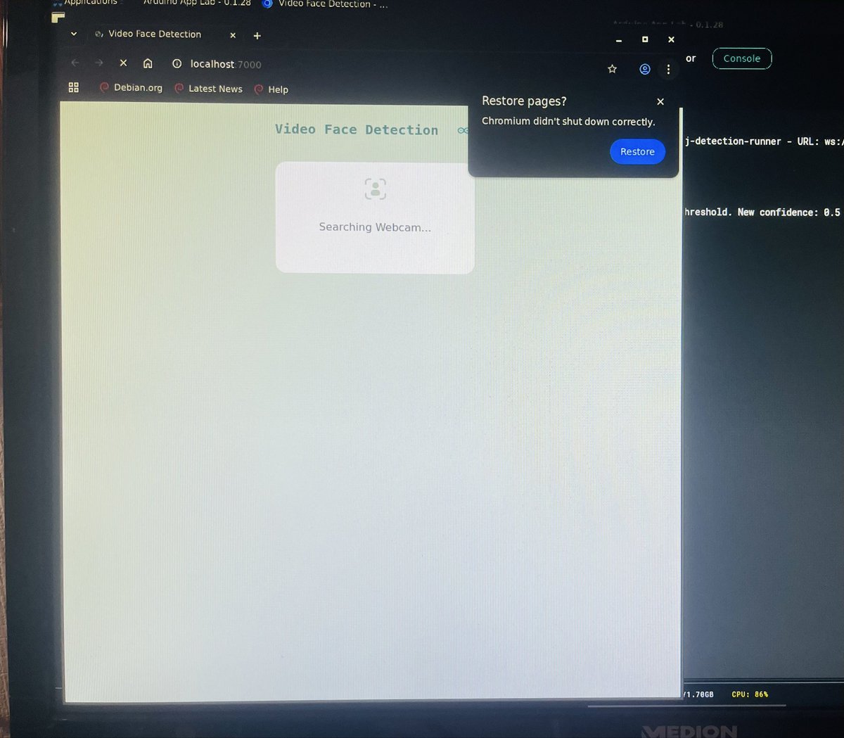 r_schulz_maker's tweet image. Trying to get a real picture for face detection by using #micropython code in @arduino App Lap and single board computer mode.