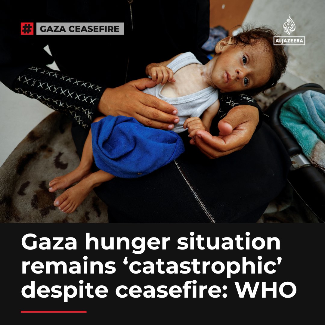 “There is no dent in hunger”.

Israel has made little progress in increasing aid to Gaza since the ceasefire, with no observable reduction in hunger, reports the WHO.

🔴 LIVE updates: aje.io/oiwpck