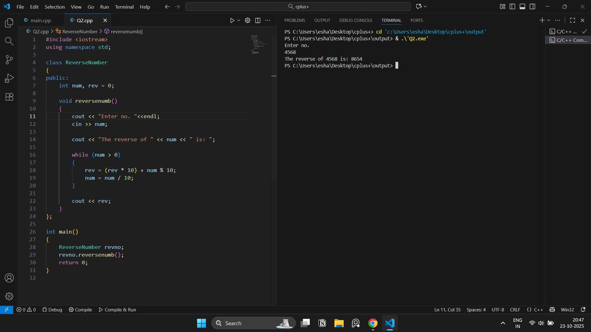 aryansonie's tweet image. Day 18: C++ program to find the reverse of a number using a class.

#100DaysOfCode #Cplusplus