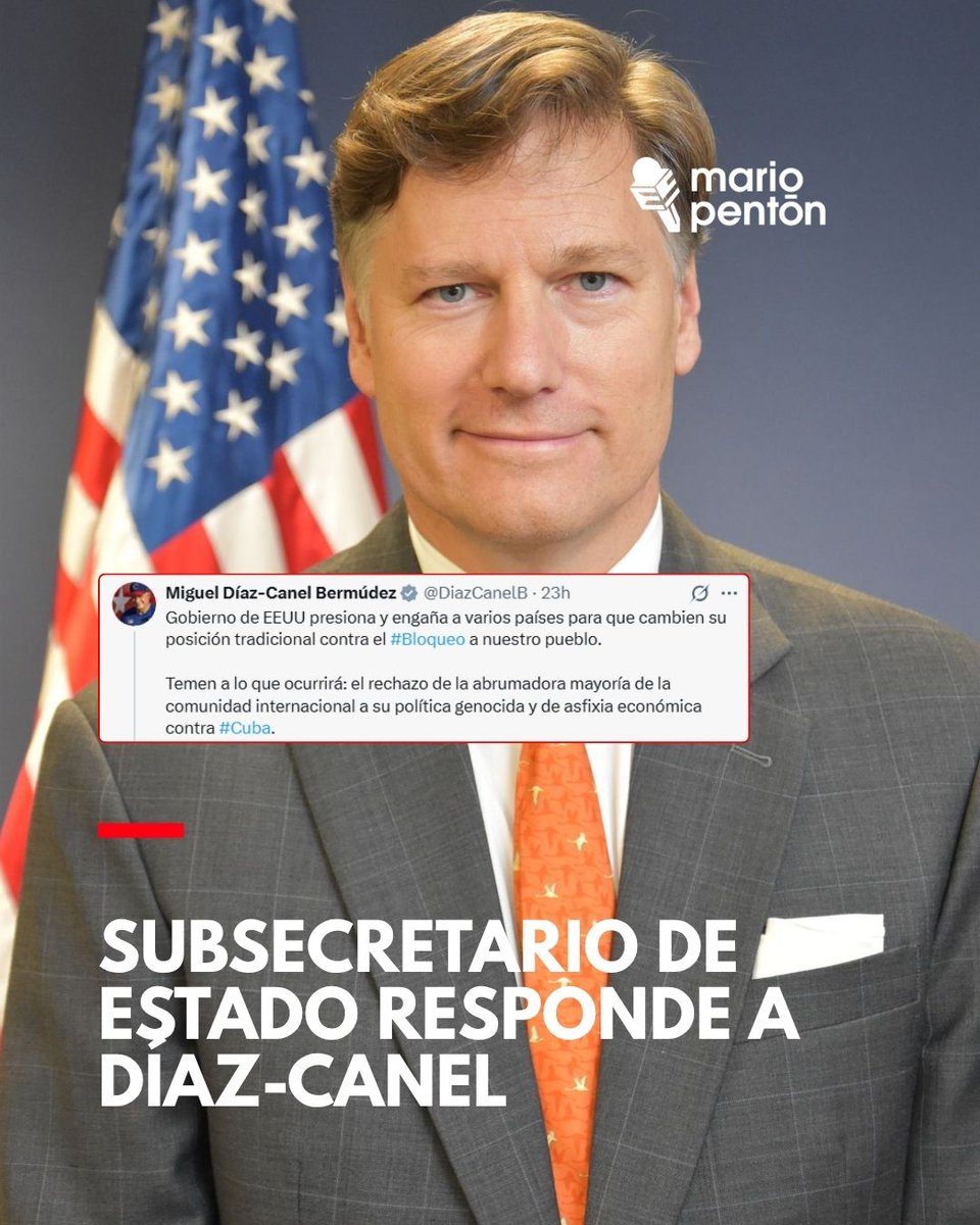 MarioJPenton's tweet photo. ⭕El Subsecretario de Estado de los Estados Unidos, Christopher Landau, responde un post de Díaz-Canel luego de afirmar que Estados Unidos está intentando influir —e incluso manipular— a otros países para que dejen de votar en contra del “bloqueo” hacia Cuba.👇

--Ni siquiera Ud ha de creer sus mentiras cada vez más descaradas. No existe un “bloqueo” a su país; si fuera así ¿como llegaría todo ese petróleo mexicano y esos turistas alemanes y canadienses?

El único “genocidio” que hay por allá es el que Uds cometen contra su propia pueblo, sometiéndolo al hambre y la miseria por sus fallidas políticas comunistas que no trabajaron en la URSS ni en Cuba.

Y hablando de votos, si tan orgullosos son de su gestión de los últimos 66 AÑOS, ¿por qué no permiten que su propio pueblo vote? ¿Será porque saben perfectamente bien, como lo sabemos todos, que sería un voto abrumador de rechazo y repudio? Por algo sus jóvenes se están escapando de esa cárcel flotante al cual su Partido Comunista ha convertido la gran nación cubana.--

Christopher Landeau