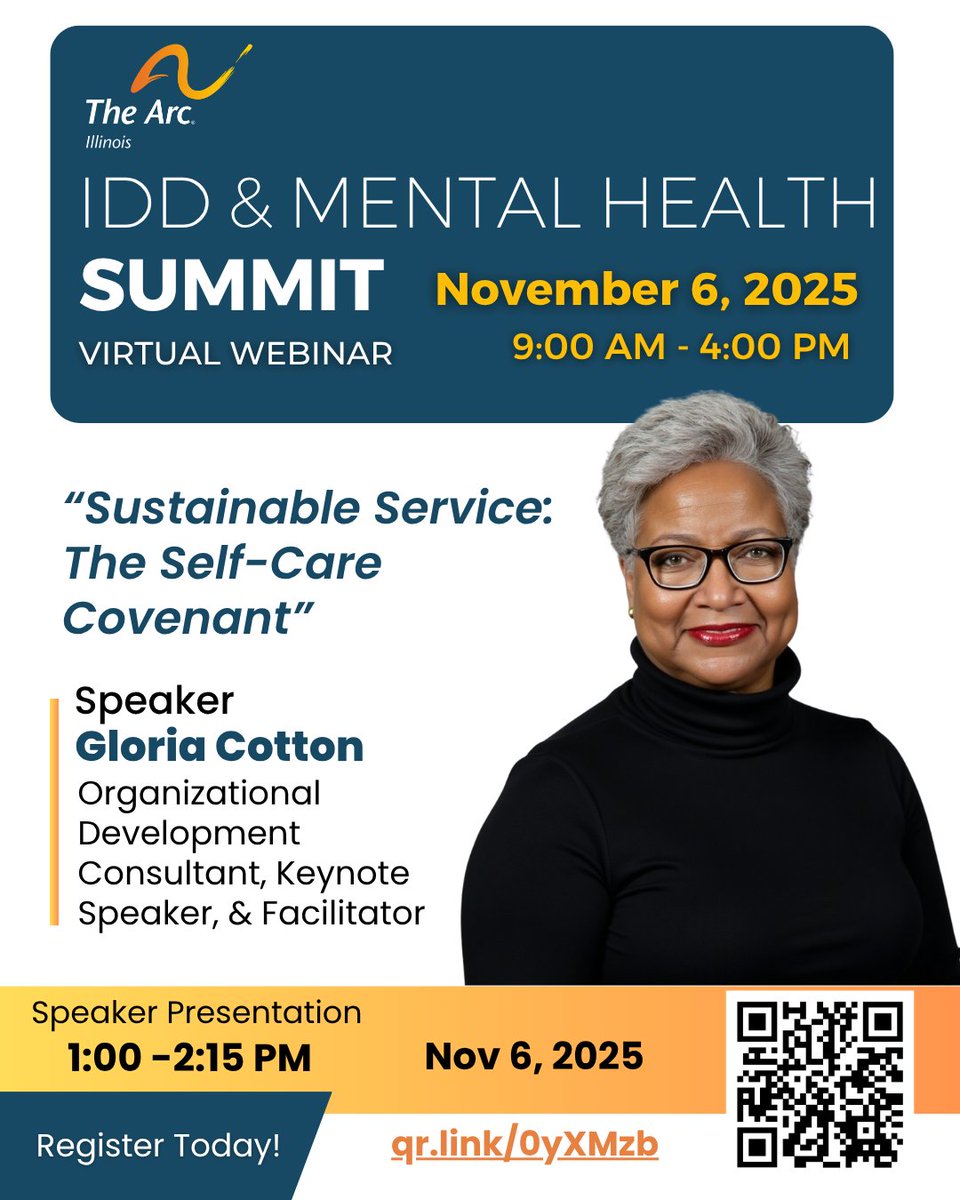 ✨Stop Running on Empty—Join Gloria Cotton at the IDD &amp; Mental Health Summit!
Nov 6, 2025 | 9 AM - 4 PM
Virtual Webinar
Register: qr.link/0yXMzb — Don't wait—secure your spot NOW!
#IDDandMentalHealthSummit #SelfCareMatters #SupportWithoutBurnout #TheArcofIllinois