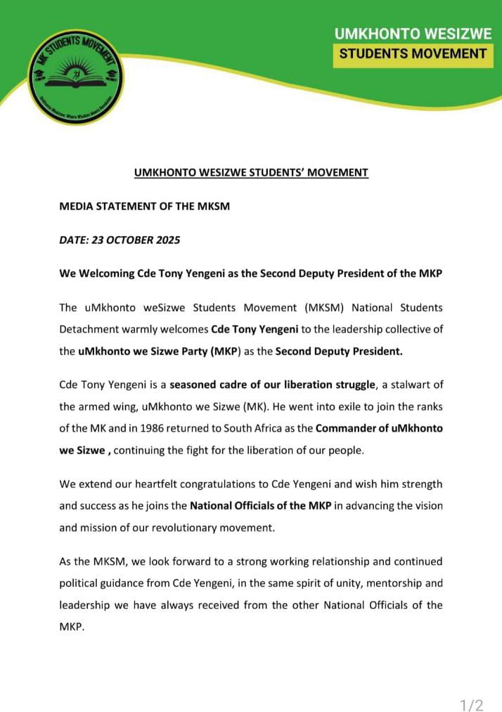 checkmate_rsa's tweet image. The MKSM welcomes the announcement of Cde Tony Yengeni as the MK Party 2nd Deputy President.