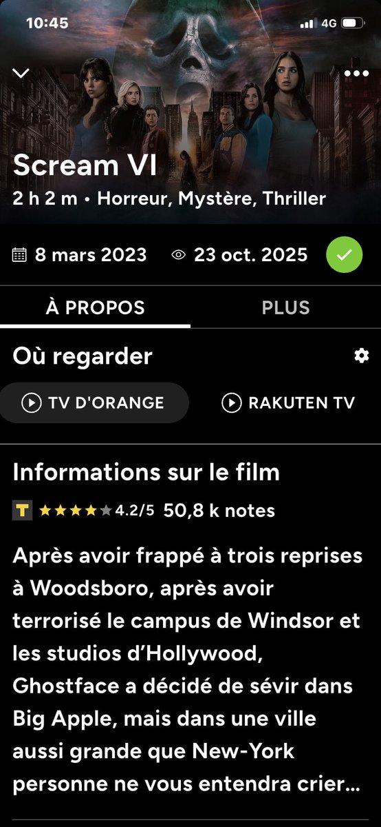 Pour mon 22eme films de mon marathon spécial fête d’Halloween, aujourd’hui je regarde Scream VI ! 😱💀#scream6
