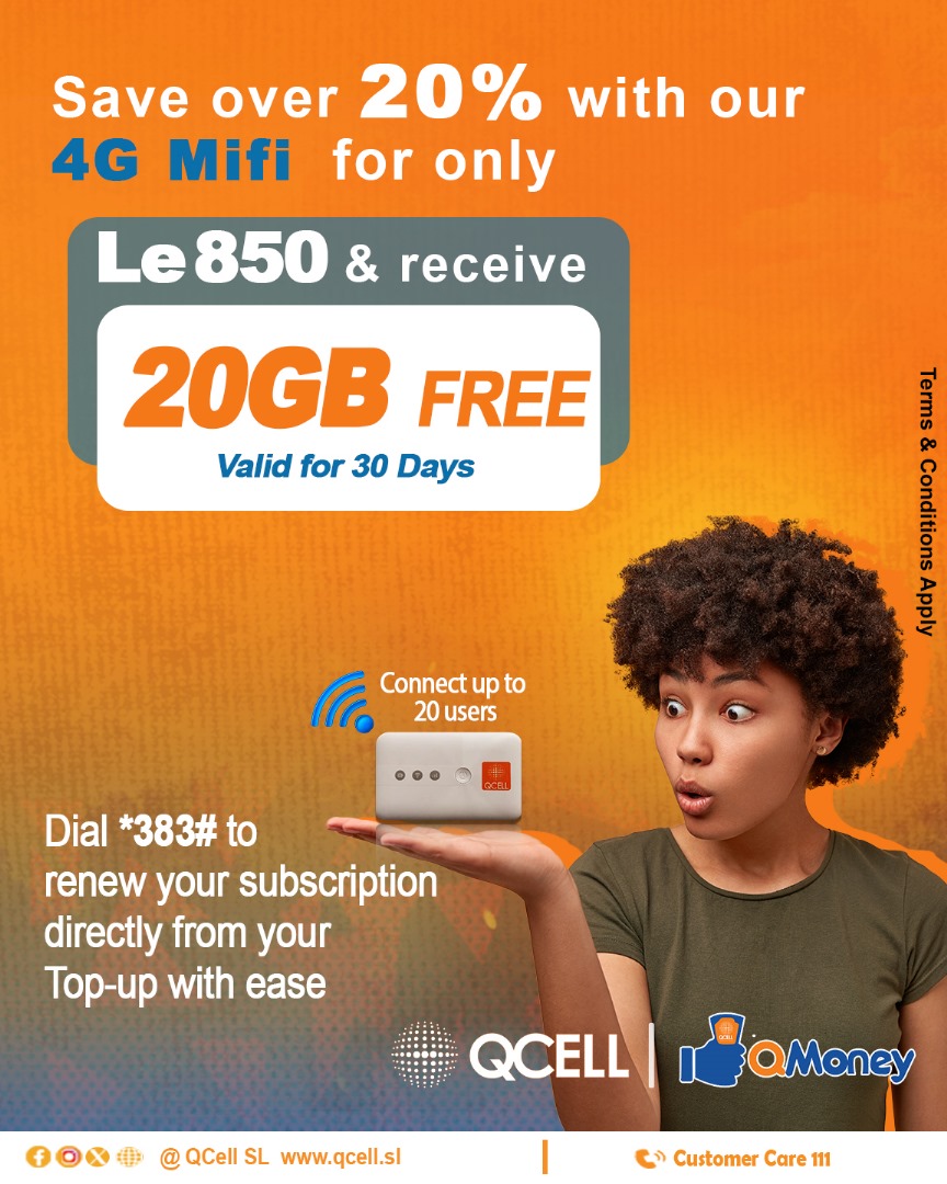 QcellSL's tweet photo. Get your own QCell 4G MiFi💪🏾 Fast, reliable and seamless internet connection
wherever you go across Sierra Leone!
*Over 20% Savings* with QCell's 4G Mifi , For just Le850, you get your very own QCell MiFi and enjoy 20GB FREE DATA
#QCellSL
#SalonePride
#QCell4GMiFi https://t.co/WzjkEP8kfx