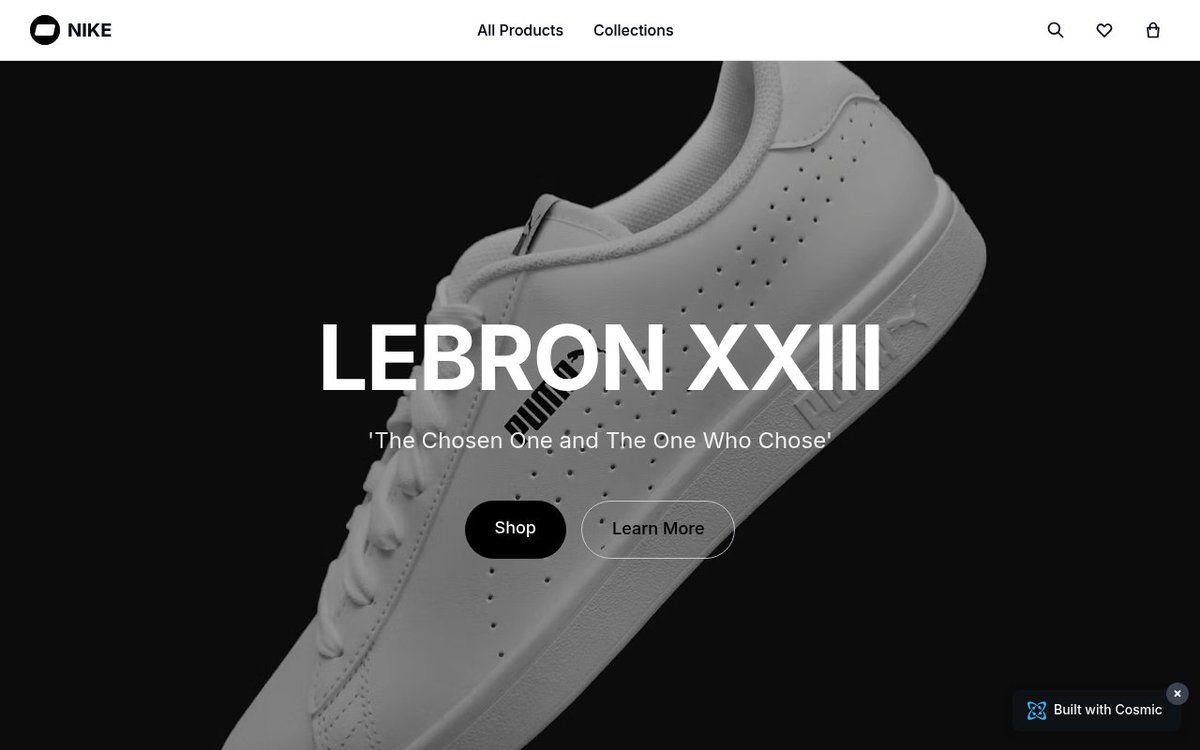 tonyspiro's tweet image. "Build a Nike-inspired shoe store" - All content and code built in minutes using only natural language with Cosmic AI