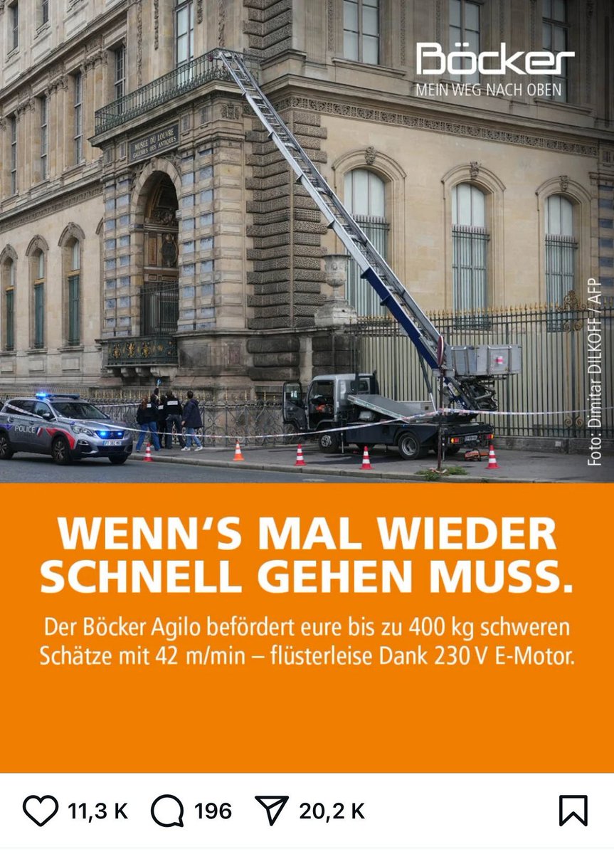 😆😆 L'entreprise allemande à l'origine du monte-charge utilisé lors du CAMBRIOLAGE du Louvre a saisi l'occasion pour faire sa PUBLICITÉ sur les réseaux sociaux avec le slogan : « Quand il faut faire vite ».

#louvre
