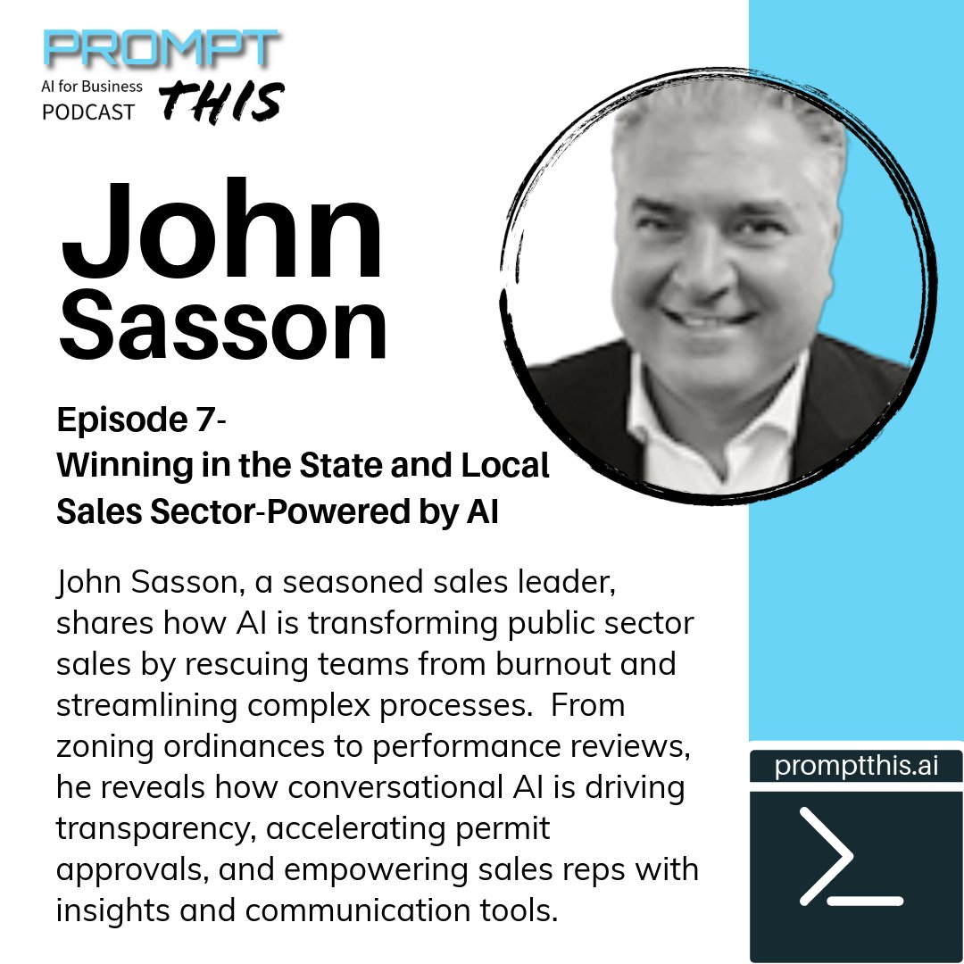 PROMPT_This_AI's tweet image. Yesterday’s episode with John Sasson is already sparking some great conversations especially around how AI is helping sales teams engage with governments, municipalities and public organizations.

Listen here: zply.io/8JRWrf