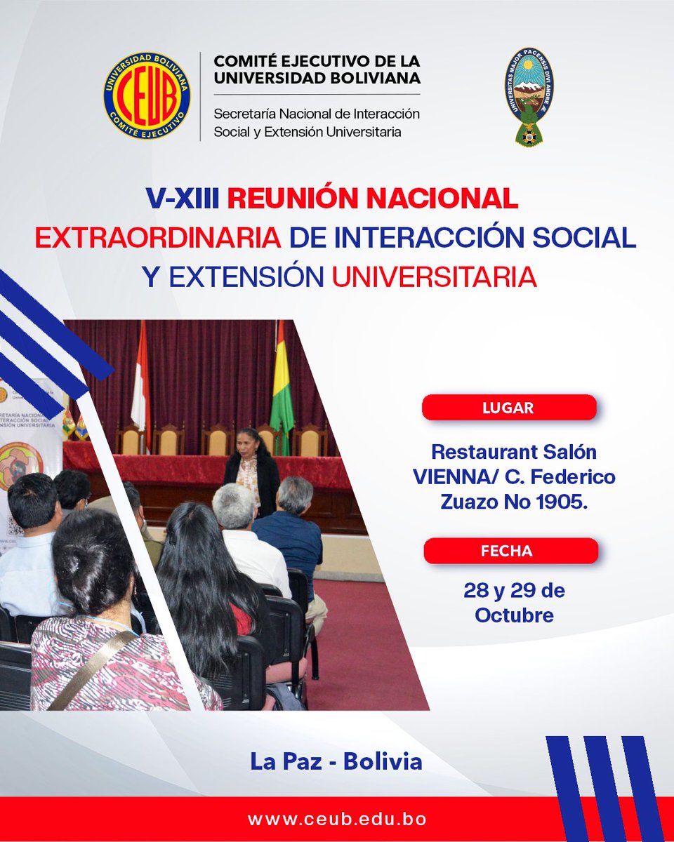 ceubbolivia's tweet image. #InteracciónSocial
La Secretaría Nacional de Interacción Social y Extensión Universitaria  en coordinación con la UMSA, realizarán la V-XIII Reunión Nacional Extraordinaria de Interacción Social y Extensión Universitaria.
📌 Restaurante Salón Vienna
📆 28 y 29 de octubre 
#CEUB