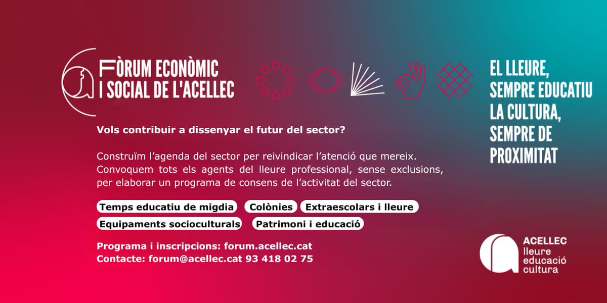 pere_mulero's tweet image. Projectem el lleure educatiu i cultural professional a l’espai que es mereix dins la societat.
Participa a les comissions del #FòrumACELLEC i suma-hi la teva veu i experiència al futur del sector.
forum.acellec.cat
