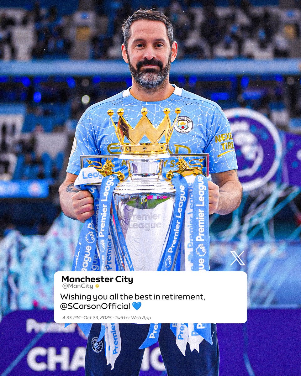 After 107 minutes on the pitch and 12 trophies with Manchester City, Scott Carson has officially announced his retirement from professional football 💙