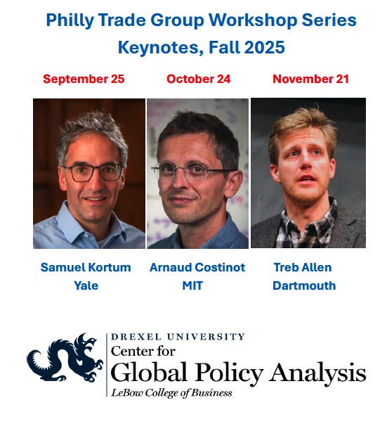 We are continuing the international trade workshops of the Philly Trade Group tomorrow with presentations by Jack Liang (Temple) and Sarah Webb (Maryland), and a timely keynote on “A World Trading System For Whom? Evidence from Global Tariffs” by Arnaud Costinot (MIT).