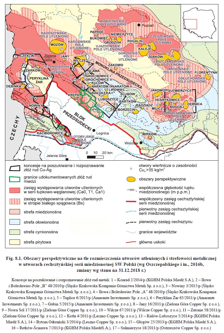 Złoża rud miedzi w Polsce
Koncesje na poszukiwanie i wydobywanie rud miedzi
Obszary perspektywiczne