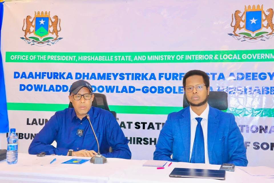 moilghss2020's tweet photo. The Director General of the Ministry of Interior, Federal Affairs and Reconciliation, Mr Aidurus, and  Hirshabelle State Presidency, Mr. Abdulkadir, today jointly launched functional unbundling event on the allocation of powers agreed by NCC on December, 2022 held in Jowhar, https://t.co/KfeEGwQKaH