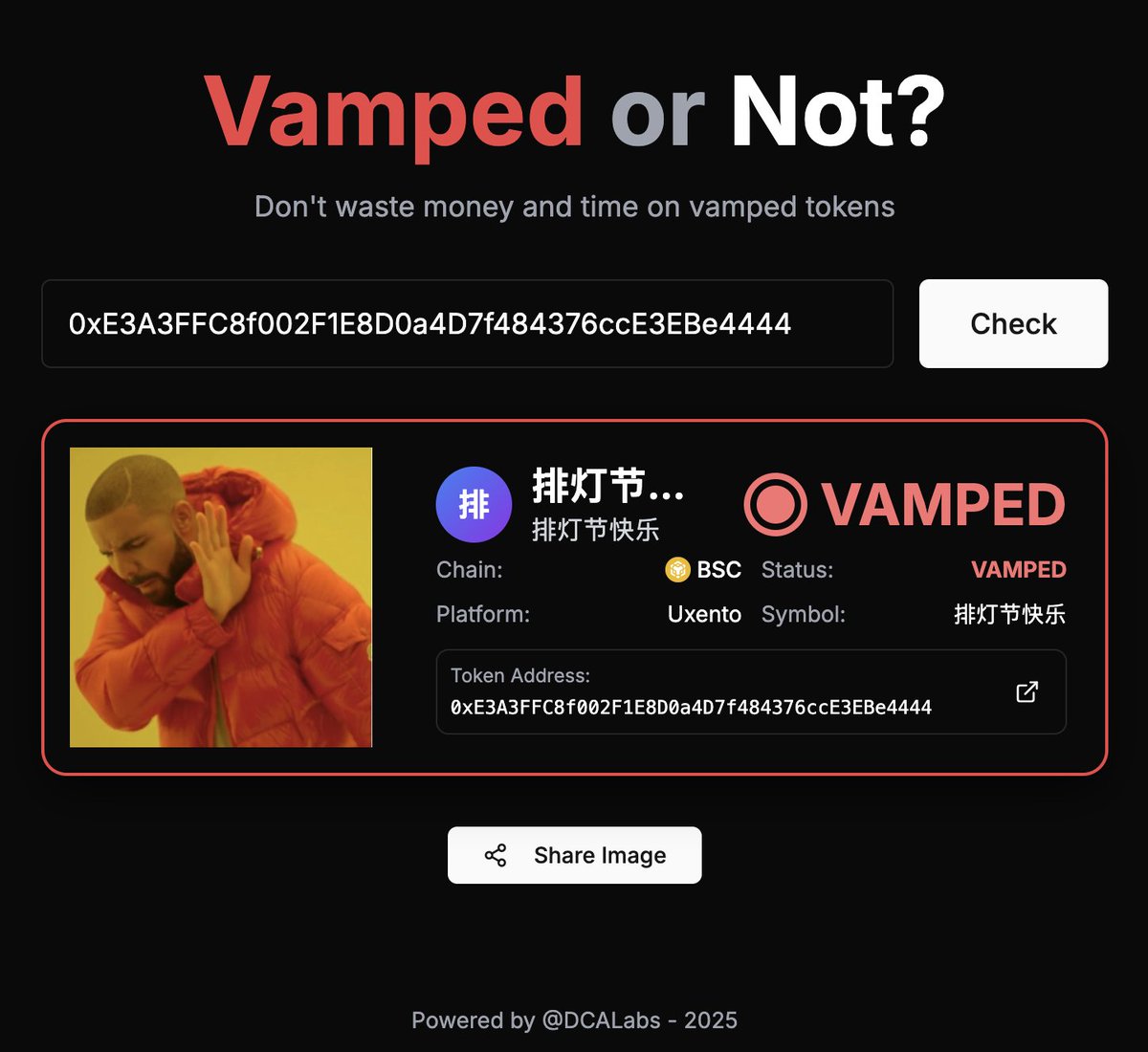 mateomrmo's tweet photo. Provide the most accurate BSC/SOL Vamped checking service (https://t.co/6XGuqxbigK is outdated and no longer reliable).
#vamped #uxento https://t.co/ZAiTvEfGih