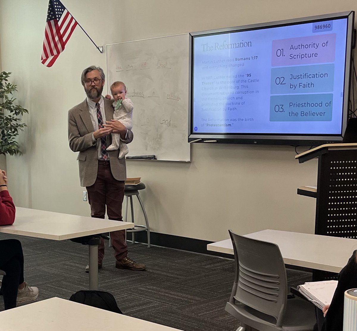 Had a special guest to help me lecture on Sola Scriptura today. My students were especially attentive. Not sure why.