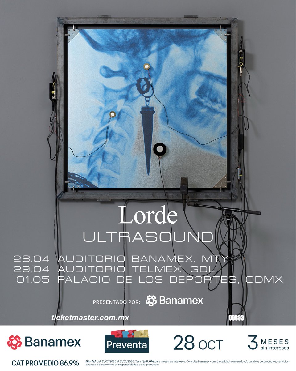 ailoviutl's tweet image. 🚨 ANUNCIO OFICIAL 🚨

LORDE 🩻 ULTRASOUND WORLD TOUR

🗓️ Martes 28 de Abril del 2026 🗓️
🏟️ Auditorio Banamex 🏟️
📍 Monterrey, Nuevo León 📍

🗓️ Miércoles 29 de Abril del 2026 🗓️
🏟️ Auditorio Telmex 🏟️
📍 Guadalajara, Jalisco 📍

🗓️ Viernes 1 de Mayo del 2026 🗓️
🏟️ Palacio de los…