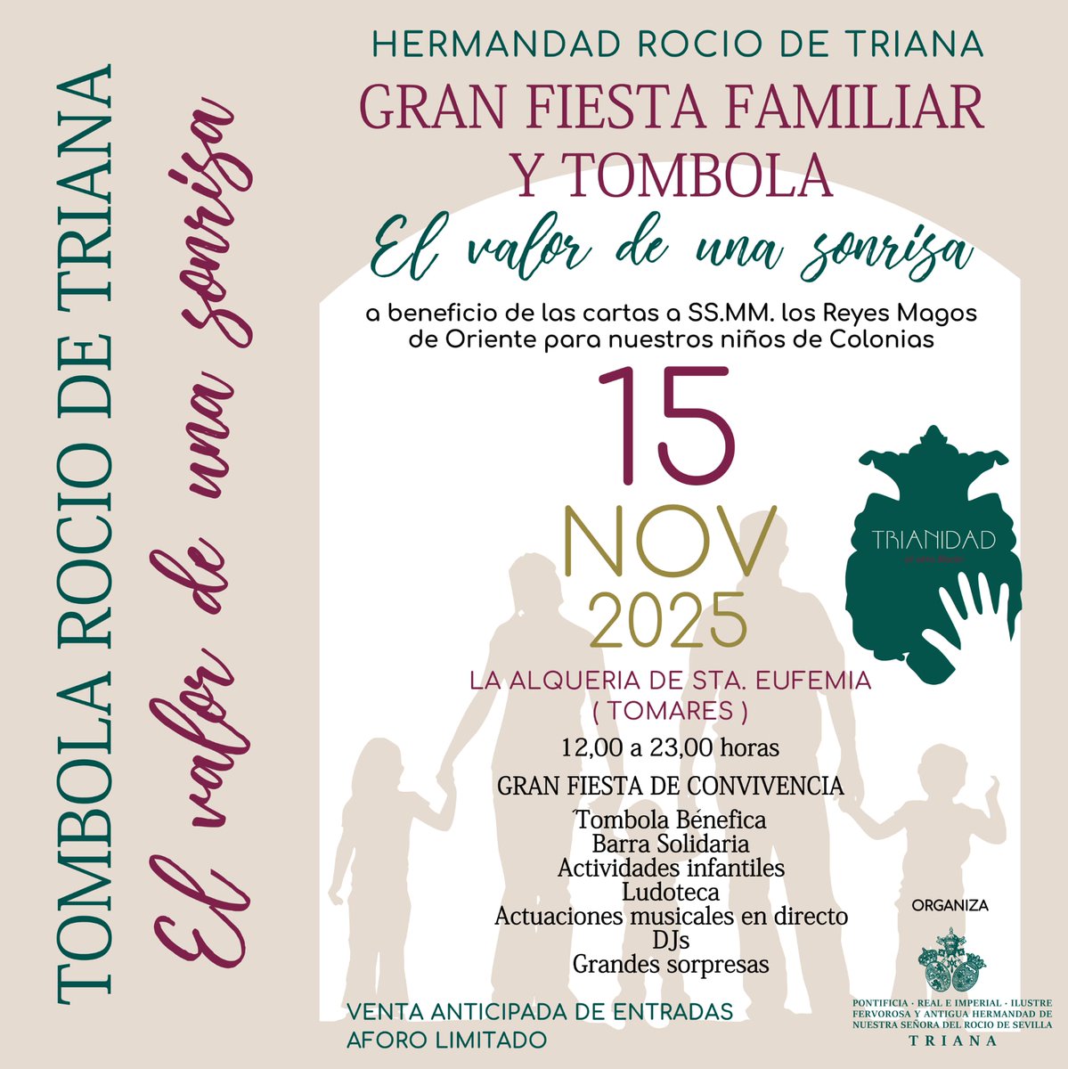 GRAN FIESTA FAMILIAR Y TÓMBOLA “EL VALOR DE UNA SONRISA”

A beneficio de las cartas a SS.MM.  los Reyes Magos de Oriente para nuestro niños de Colonias.

Os animamos a aportar juguetes y regalos o donación mediante BIZUM 00162 concepto REGALO TÓMBOLA