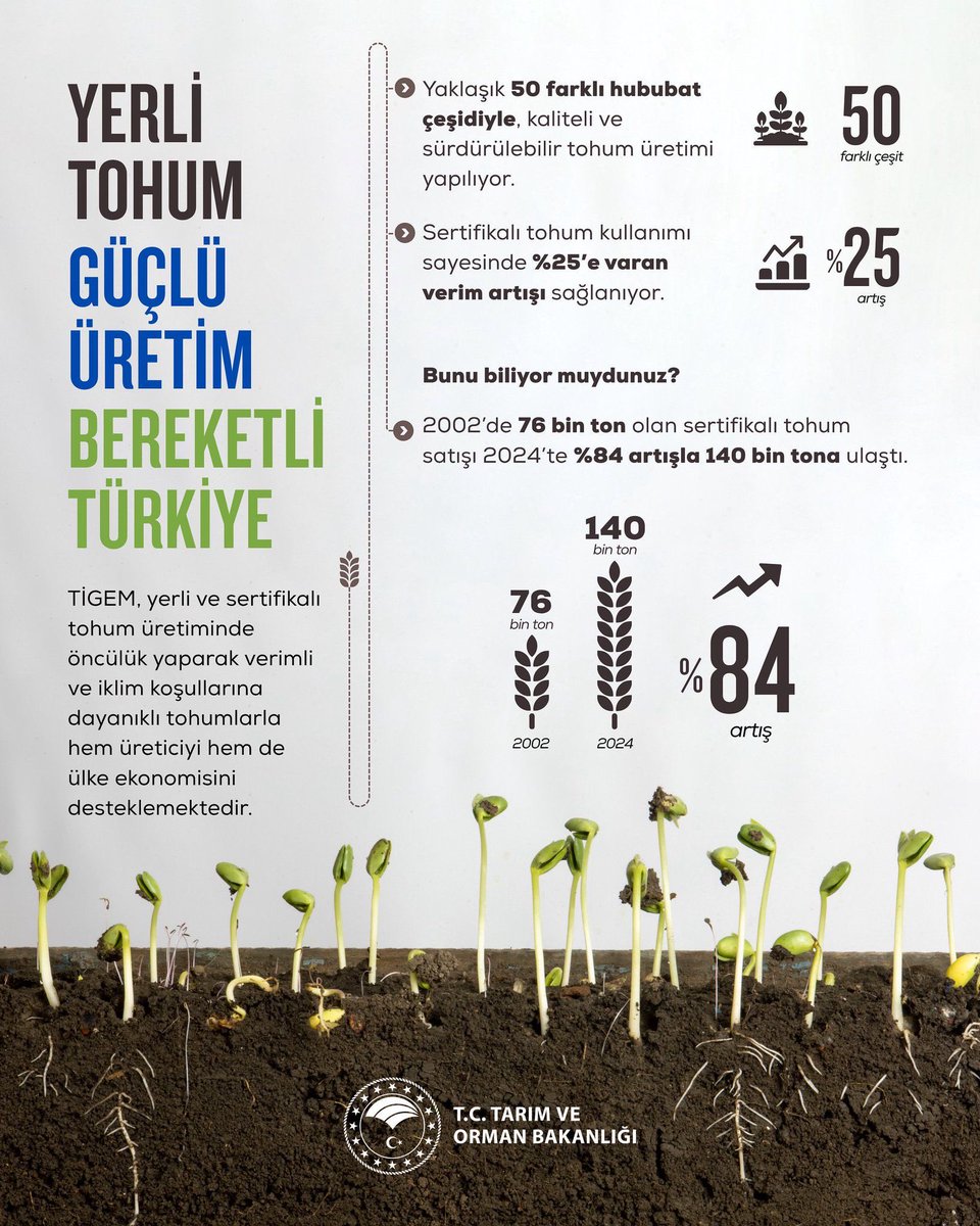 Yerli tohumla büyüyen üretim, bereketin teminatıdır.

TİGEM tarafından geliştirilen 50 farklı hububat çeşidiyle verimde yüzde 25’e varan artış sağlanıyor.
Türkiye artık sertifikalı tohumda kendi kendine yeten bir ülke konumunda.

Trakya’nın verimli topraklarında, Tekirdağlı